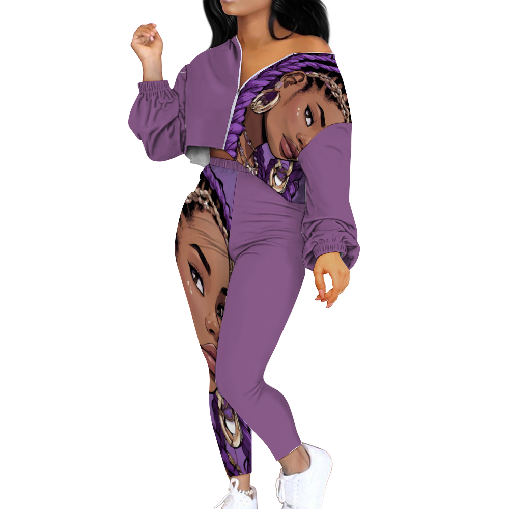 Custom Women's Two Piece Outfits Long Sleeve Zipper Top and Trousers Set