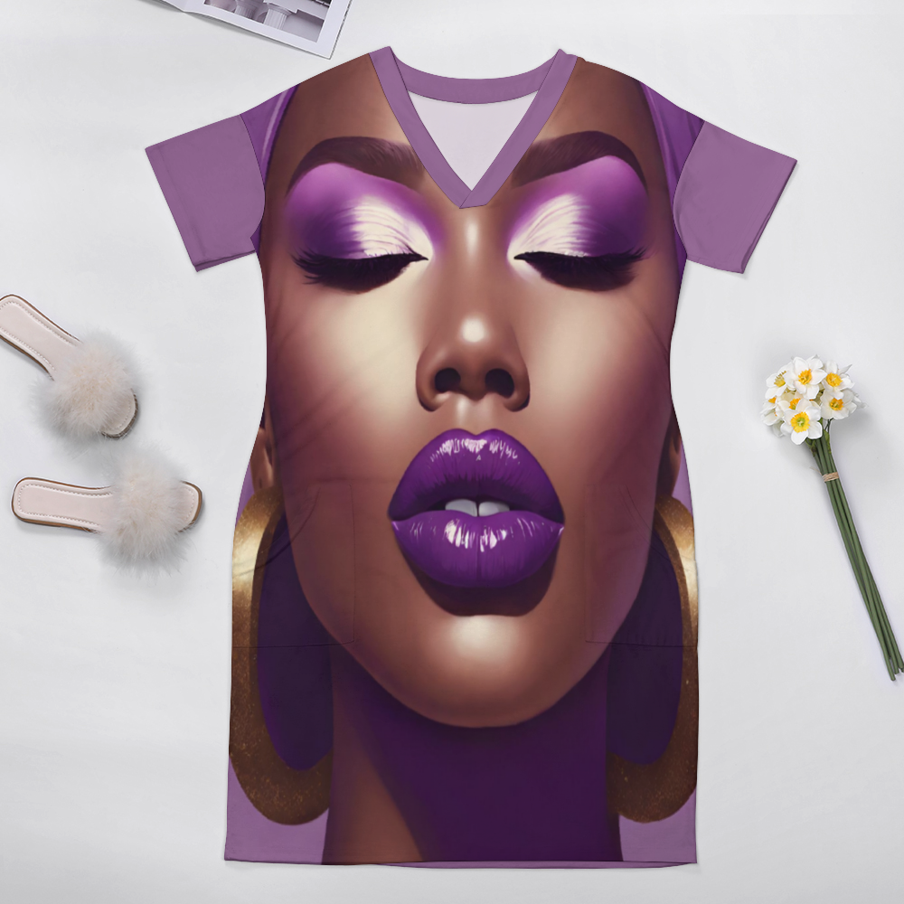 Custom Women's V-neck Loose Dress Fashion Skirts with Pockets