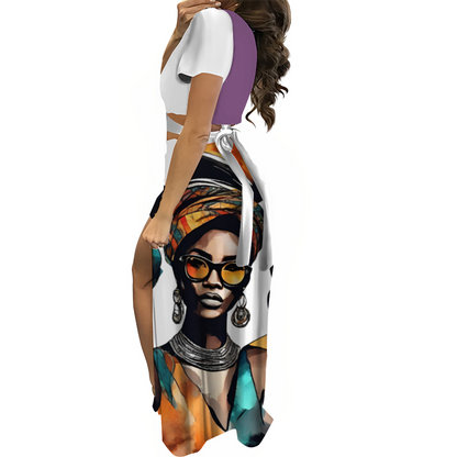 Custom Women's Two Piece Outfit V-Neck Top and Long Skirt Set