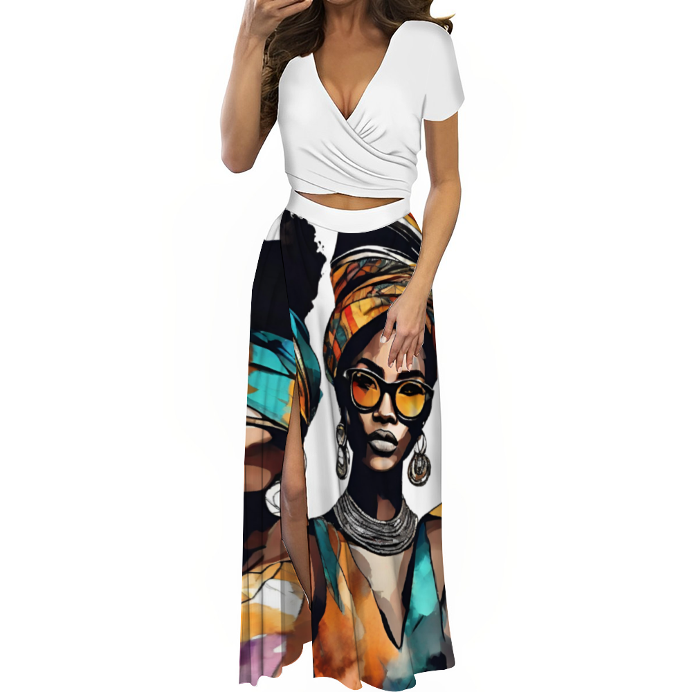 Custom Women's Two Piece Outfit V-Neck Top and Long Skirt Set