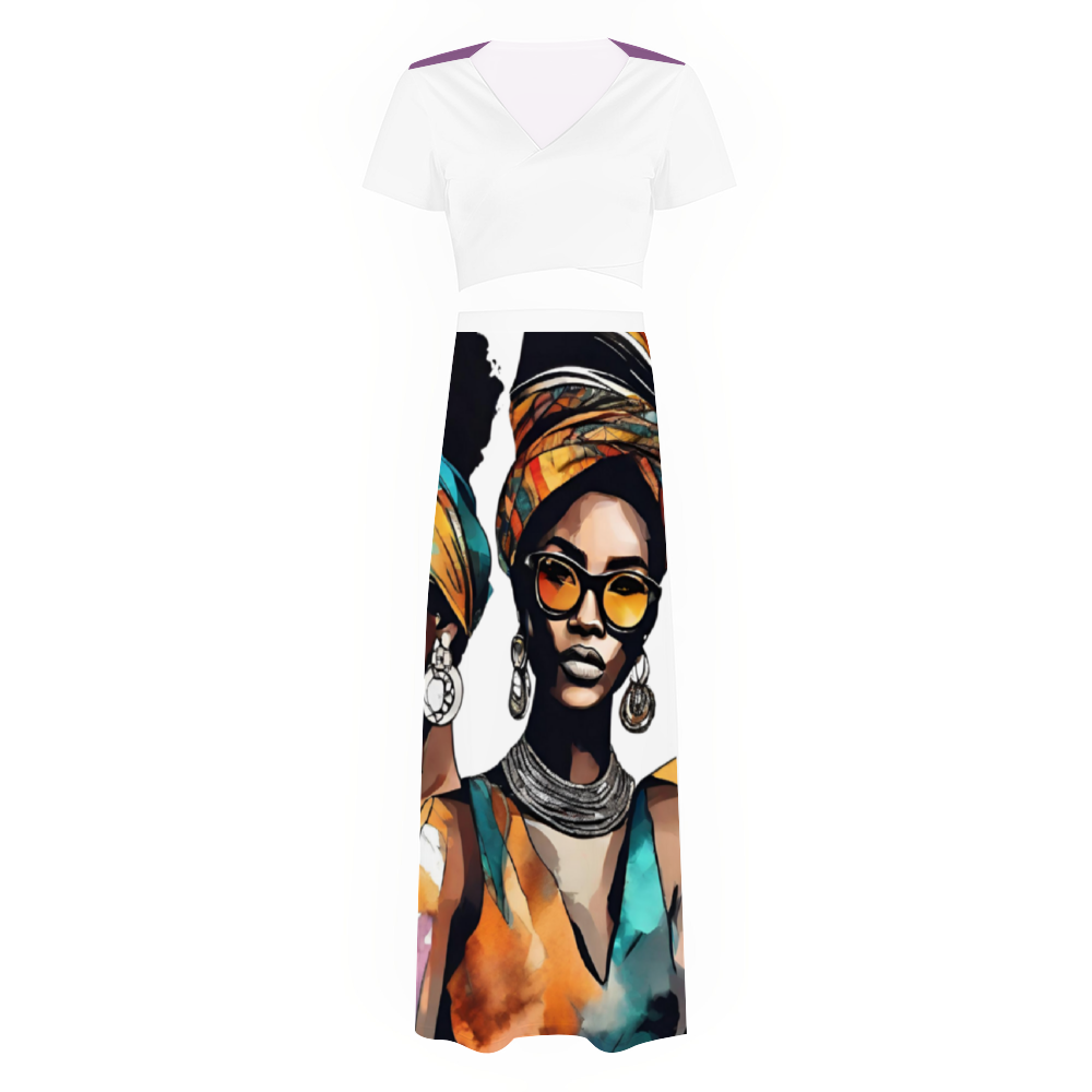 Custom Women's Two Piece Outfit V-Neck Top and Long Skirt Set