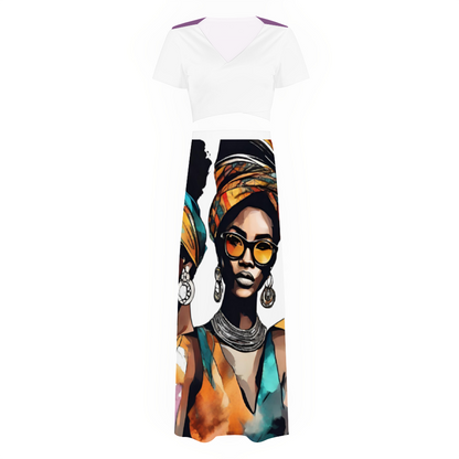 Custom Women's Two Piece Outfit V-Neck Top and Long Skirt Set