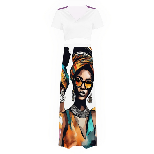 Custom Women's Two Piece Outfit V-Neck Top and Long Skirt Set