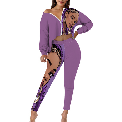 Custom Women's Two Piece Outfits Long Sleeve Zipper Top and Trousers Set