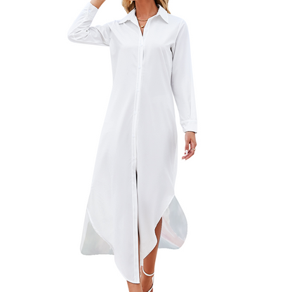 Custom Women's Long Sleeves Shirt Dress Button Up Slit Skirt